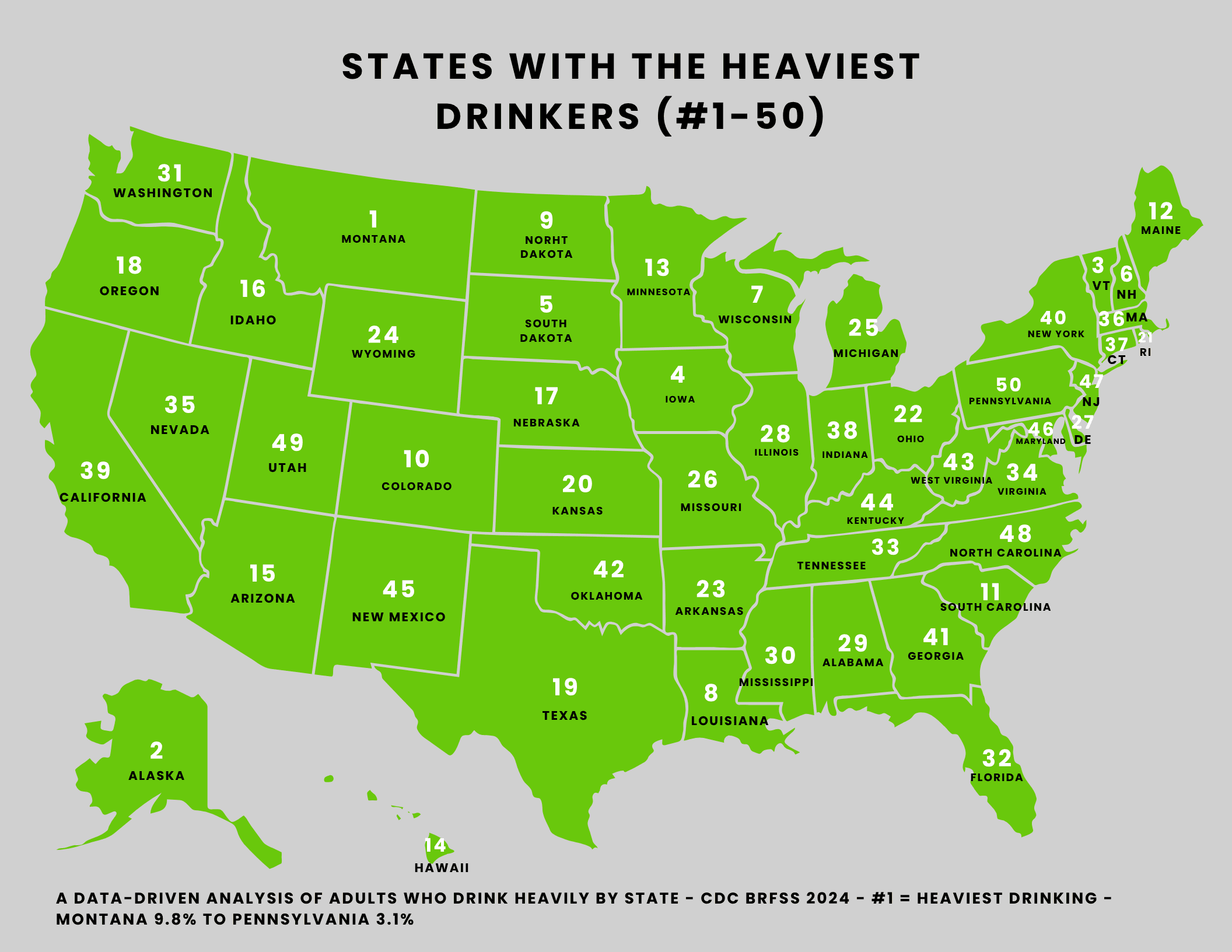 States with the Heaviest Drinkers — ranked US map