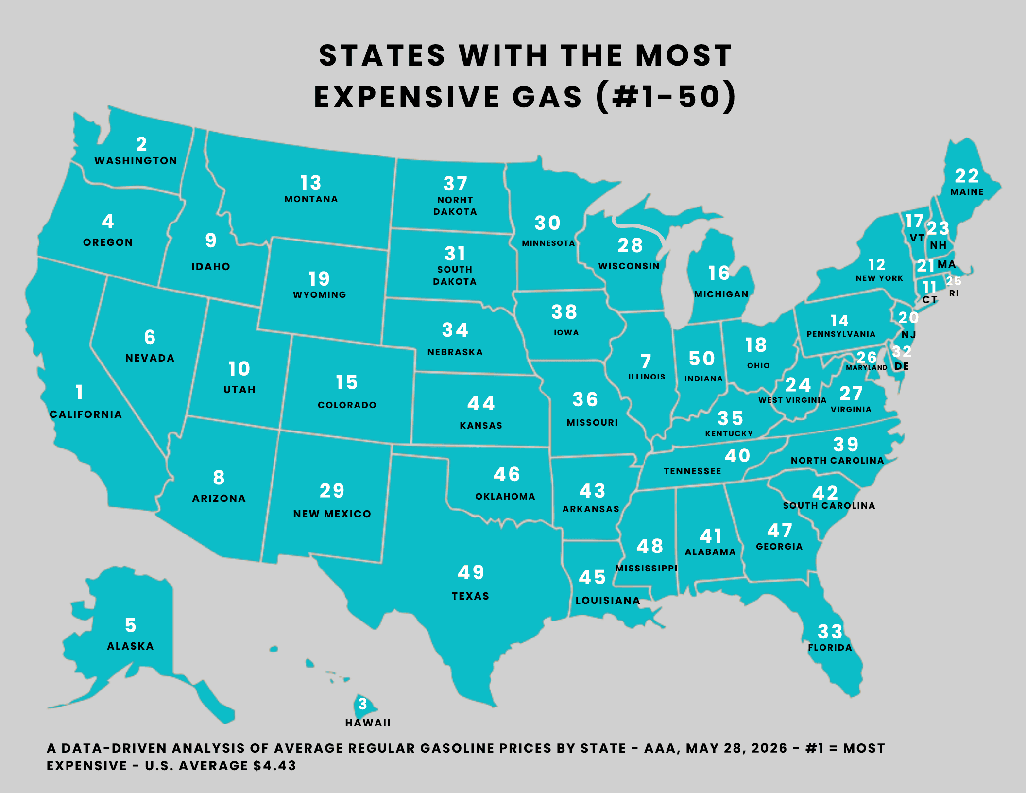 Map of all 50 U.S. states ranked: States with the Most Expensive Gas