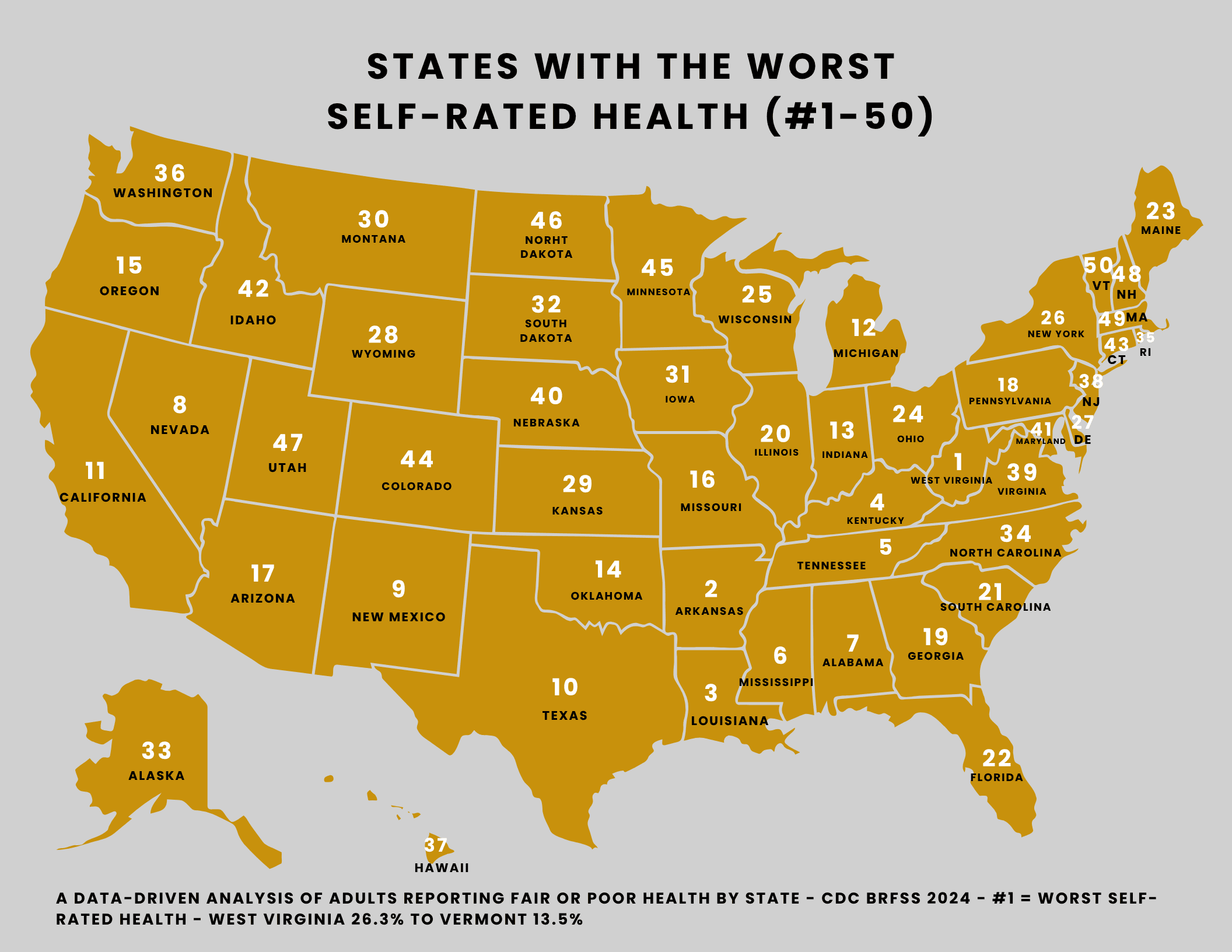 States with the Worst Self-Rated Health — ranked US map